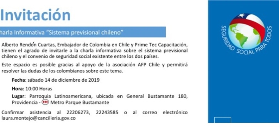 La Embajada de Colombia invita a la charla informativa “Sistema Previsional Chileno” del 14 de diciembre de 2019