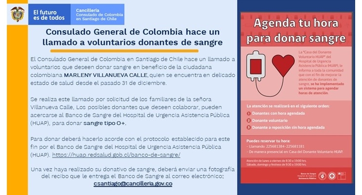 El Consulado de Colombia en Santiago de Chile hace un llamado a donar sangre 