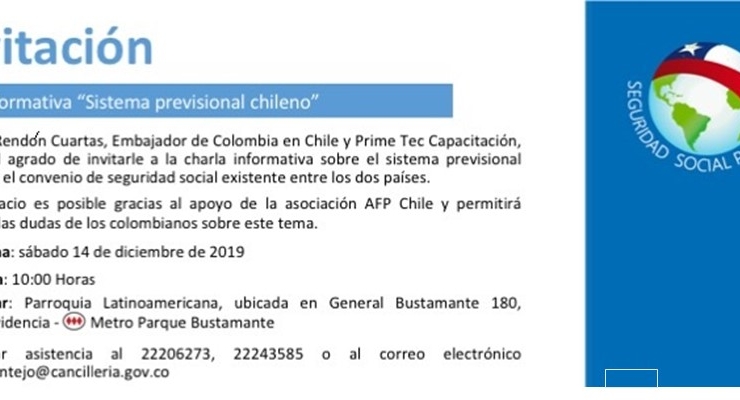 La Embajada de Colombia invita a la charla informativa “Sistema Previsional Chileno” del 14 de diciembre de 2019
